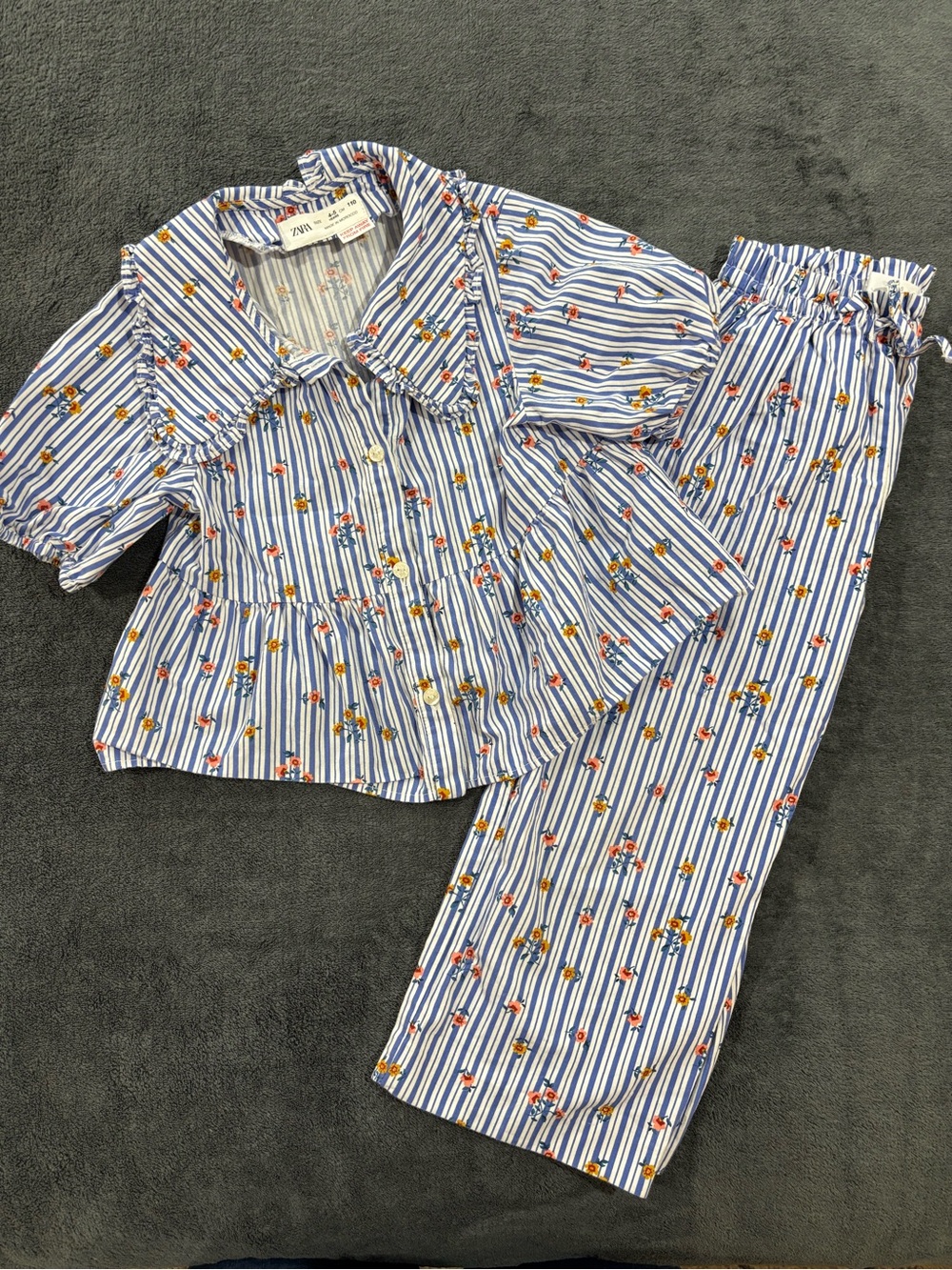 Zara Girls Outfit Size 4-5 Floral Striped Button Short Sleeve Top & Pants Summer